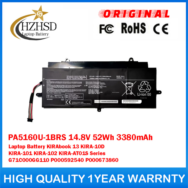 PA5160U-1BRS 14.8V 52Wh 3380mAh Genuine Original Laptop Battery For Toshiba KIRAbook 13 KIRA-10D KIRA-101 KIRA-102 KIRA-AT01S Series G71C000GG110 P000592540 P000673860