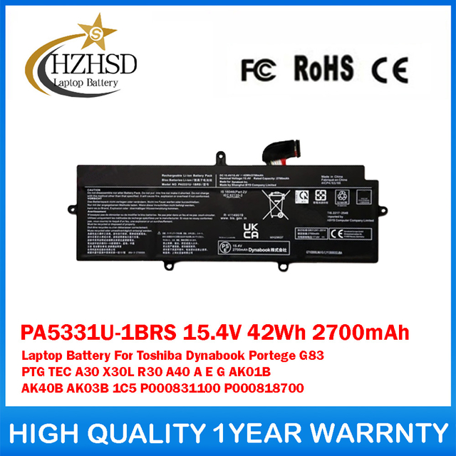 PA5331U-1BRS 15.4V 42Wh 2700mAh Laptop Battery For Toshiba Dynabook Portege G83 PTG TEC A30 X30L R30 A40 A E G AK01B AK40B AK03B 1C5 P000831100 P000818700