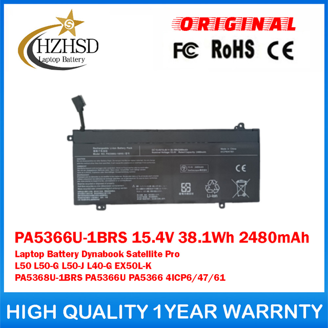 PA5366U-1BRS 15.4V 38.1Wh 2480mAh Genuine Original Laptop Battery For Toshiba Dynabook Satellite Pro L50 L50-G L50-J L40-G EX50L-K PA5368U-1BRS PA5366U PA5366 4ICP6/47/61