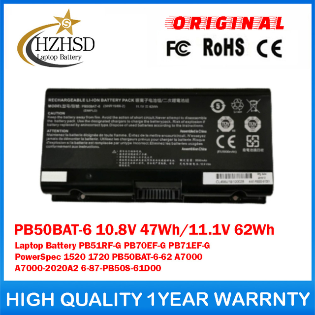 PB50BAT-6 10.8V 47Wh/11.1V 62Wh Genuine Original Laptop Battery For Clevo PB51RF-G PB70EF-G PB71EF-G PowerSpec 1520 1720 PB50BAT-6-62 A7000 A7000-2020A2 6-87-PB50S-61D00