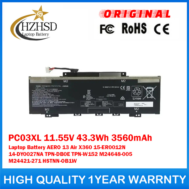 PC03XL 11.55V 43.3Wh 3560mAh Genuine Original Laptop Battery For HP Pavilion AERO 13 Air X360 15-ER0012N 14-DY0027NA TPN-DB0E TPN-W152 M24648-005 M24421-271 HSTNN-OB1W