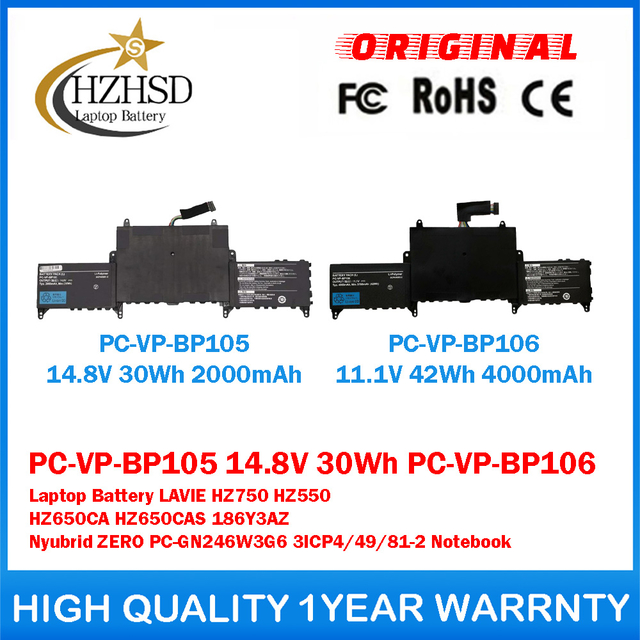 PC-VP-BP105 14.8V 30Wh PC-VP-BP106 11.1V 42Wh Genuine Original Laptop Battery For NEC LAVIE HZ750 HZ550 HZ650CA HZ650CAS 186Y3AZ Nyubrid ZERO PC-GN246W3G6 3ICP4/49/81-2 Notebook