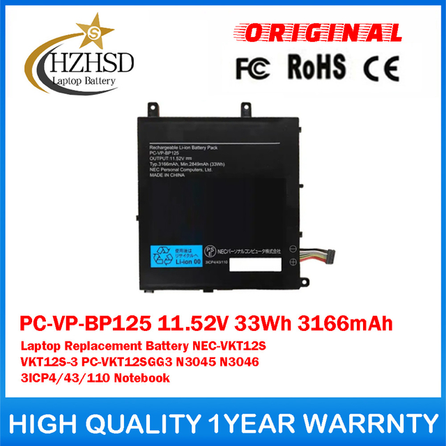 PC-VP-BP125 11.52V 33Wh 3166mAh Genuine Original Laptop Replacement Battery For NEC NEC-VKT12S VKT12S-3 PC-VKT12SGG3 N3045 N3046 3ICP4/43/110 Notebook