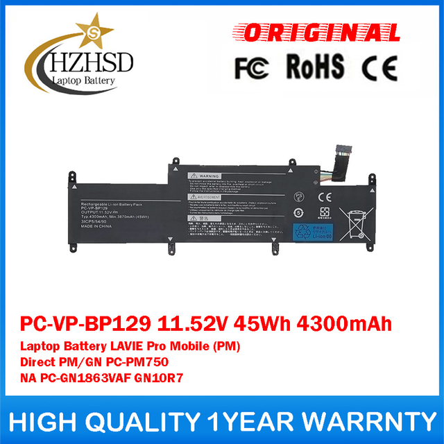PC-VP-BP129 11.52V 45Wh 4300mAh Genuine Original Laptop Battery For NEC LAVIE Pro Mobile (PM)/Direct PM/GN PC-PM750/NA GN10R7 PC-GN1863VAF