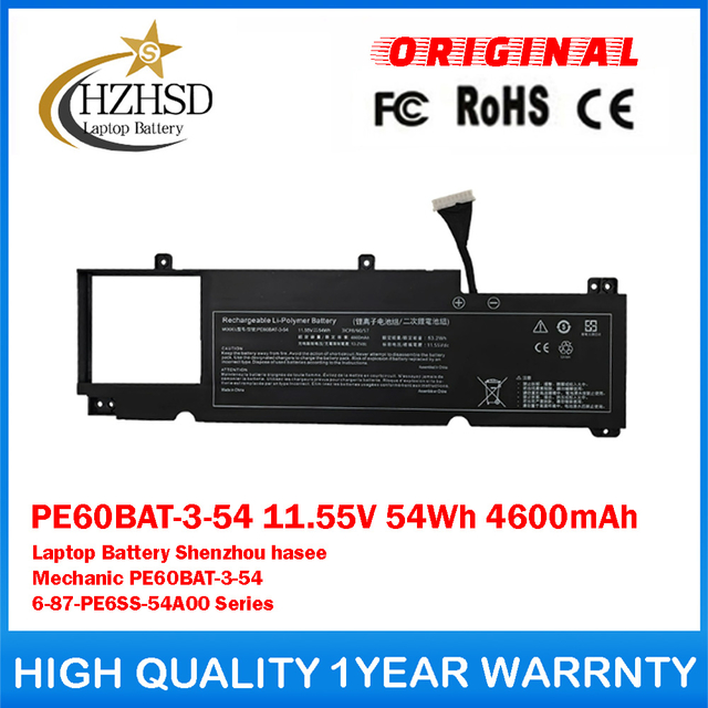 PE60BAT-3-54 11.55V 54Wh 4600mAh Genuine Original Laptop Battery For Clevo Shenzhou hasee Mechanic PE60BAT-3-54 6-87-PE6SS-54A00 Series