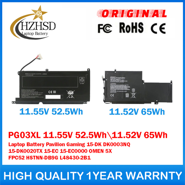 PG03XL 11.55V 52.5Wh\11.52V 65Wh Genuine Original Laptop Battery For HP Pavilion Gaming 15-DK DK0003NQ 15-DK0020TX 15-EC 15-EC0000 OMEN 5X FPC52 HSTNN-DB9G L48430-2B1