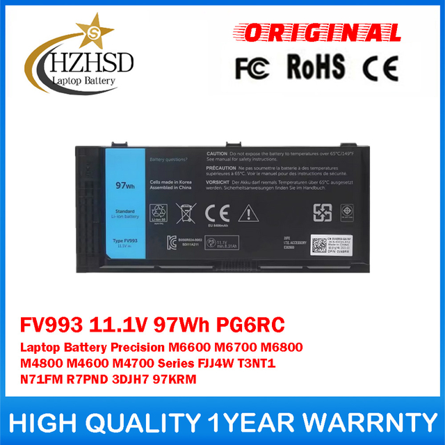 FV993 11.1V 97Wh PG6RC Genuine Original Laptop Battery For DELL Precision M6600 M6700 M6800 M4800 M4600 M4700 Series FJJ4W T3NT1 N71FM R7PND 3DJH7 97KRM
