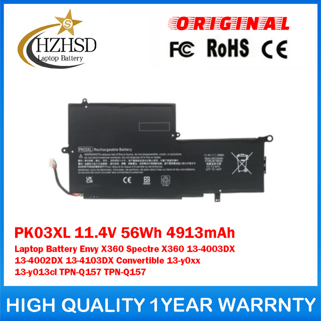 PK03XL 11.4V 56Wh 4913mAh Genuine Original Laptop Battery For HP Envy X360 Spectre X360 13-4003DX 13-4002DX 13-4103DX Convertible 13-y0xx 13-y013cl TPN-Q157 TPN-Q157