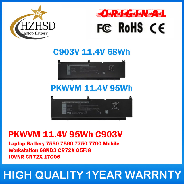 PKWVM 11.4V 95Wh C903V 11.4V 68Wh Genuine Original Laptop Battery For Dell Precision 7550 7560 7750 7760 Mobile Workstation 68ND3 CR72X G5FJ8 J0VNR CR72X 17C06