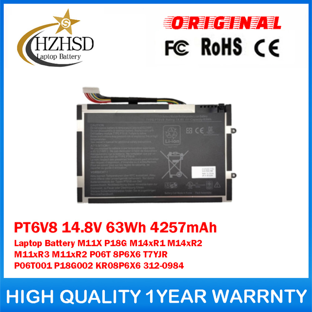 PT6V8 14.8V 63Wh 4257mAh Genuine Original Laptop Battery For DELL Alienware M11X P18G M14xR1 M14xR2 M11xR3 M11xR2 P06T 8P6X6 T7YJR P06T001 P18G002 KR08P6X6 312-0984