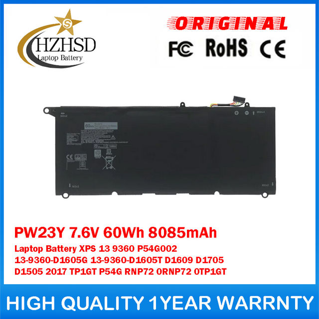 PW23Y 7.6V 60Wh 8085mAh Genuine Original Laptop Battery For DELL XPS 13 9360 P54G002 13-9360-D1605G 13-9360-D1605T D1609 D1705 D1505 2017 TP1GT P54G RNP72 0RNP72 0TP1GT