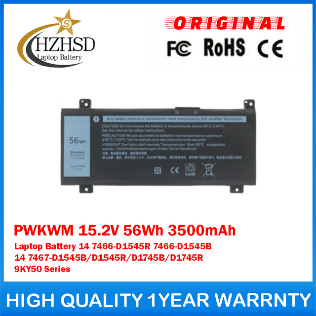 PWKWM 15.2V 56Wh 3500mAh Genuine Original Laptop Battery For DELL Inspiron 14 7466-D1545R 7466-D1545B 14 7467-D1545B/D1545R/D1745B/D1745R 9KY50 Series