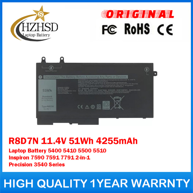 R8D7N 11.4V 51Wh 4255mAh Genuine Original Laptop Battery For Dell Latitude 5400 5410 5500 5510 Inspiron 7590 7591 7791 2-in-1 Precision 3540 Series