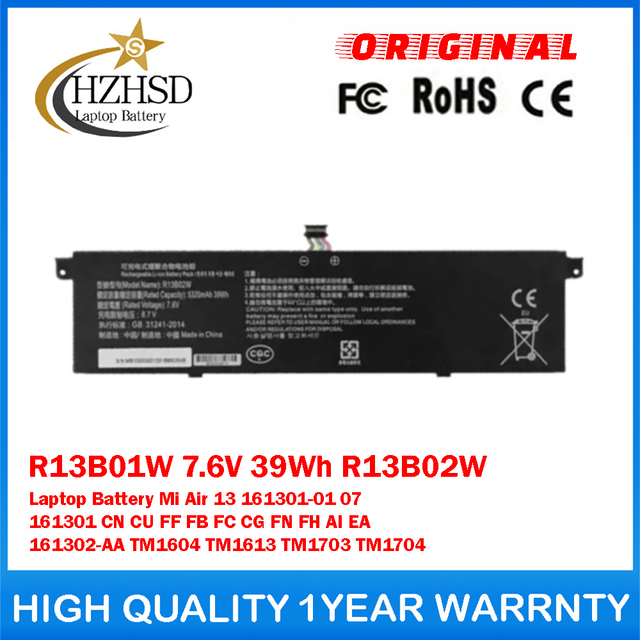 R13B01W 7.6V 39Wh 5230mAh R13B02W Genuine Original Laptop Battery For Xiaomi Mi Air 13 161301-01 07 161301 CN CU FF FB FC CG FN FH AI EA 161302-AA TM1604 TM1613 TM1703 TM1704