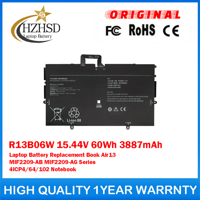R13B06W 15.44V 60Wh 3887mAh Genuine Original Laptop Battery Replacement For Xiaomi Book Air13 MIF2209-AB MIF2209-AG Series 4ICP4/64/102 Notebook