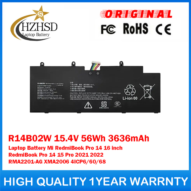 R14B02W 15.4V 56Wh 3636mAh Genuine Original Laptop Battery For Xiaomi Mi RedmiBook Pro 14 16 inch RedmiBook Pro 14 15 Pro 2021 2022 RMA2201-AG XMA2006 4ICP6/60/68