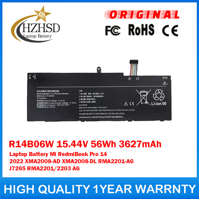 R14B06W 15.44V 56Wh 3627mAh Genuine Original Laptop Battery For Xiaomi Mi RedmiBook Pro 14 2022 XMA2008-AD XMA2008-DL RMA2201-AG J7265 RMA2201/2203 AG