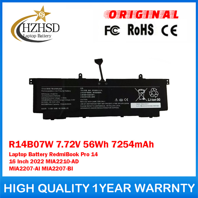 R14B07W 7.72V 56Wh 7254mAh Genuine Original Laptop Battery For Xiaomi RedmiBook Pro 14 16 Inch 2022 MIA2210-AD MIA2207-AI MIA2207-BI