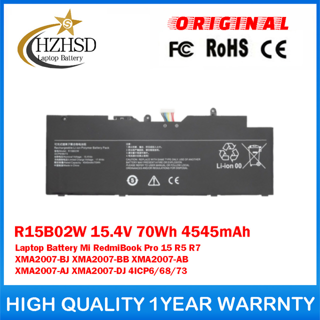 R15B02W 15.4V 70Wh 4545mAh Genuine Original Laptop Battery For Xiaomi Mi RedmiBook Pro 15 2021 R5 R7 XMA2007-AJ/AB XMA2007-BJ XMA2007-BB 4ICP6/68/73