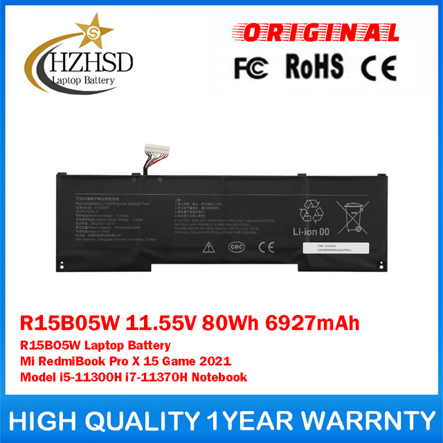 R15B05W 11.55V 80Wh 6927mAh R15BO5W Genuine Original Laptop Battery For Xiaomi Mi RedmiBook Pro X 15 Game 2021 Model i5-11300H i7-11370H Notebook