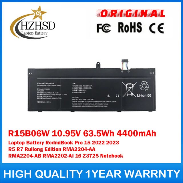 R15B06W 10.95V 63.5Wh 4400mAh Genuine Original Laptop Battery For Xiaomi RedmiBook Pro 15 2022 2023 R5 R7 Ruilong Edition RMA2204-AA RMA2204-AB RMA2202-AI 16 Z3725 Notebook