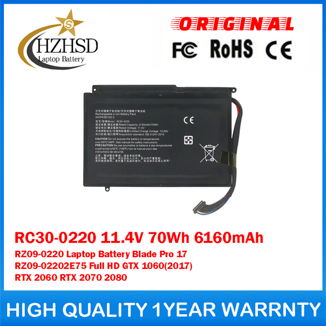RC30-0220 11.4V 70Wh 6160mAh RZ09-0220 Genuine Original Laptop Battery For Razer Blade Pro 17 RZ09-02202E75 Full HD GTX 1060(2017) RTX 2060 RTX 2070 2080