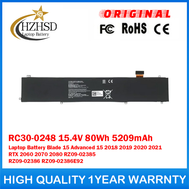 RC30-0248 15.4V 80Wh 5209mAh Genuine Original Laptop Battery For Razer Blade 15 Advanced 15 2018 2019 2020 2021 RTX 2060 2070 2080 RZ09-02385 RZ09-02386 RZ09-02386E92