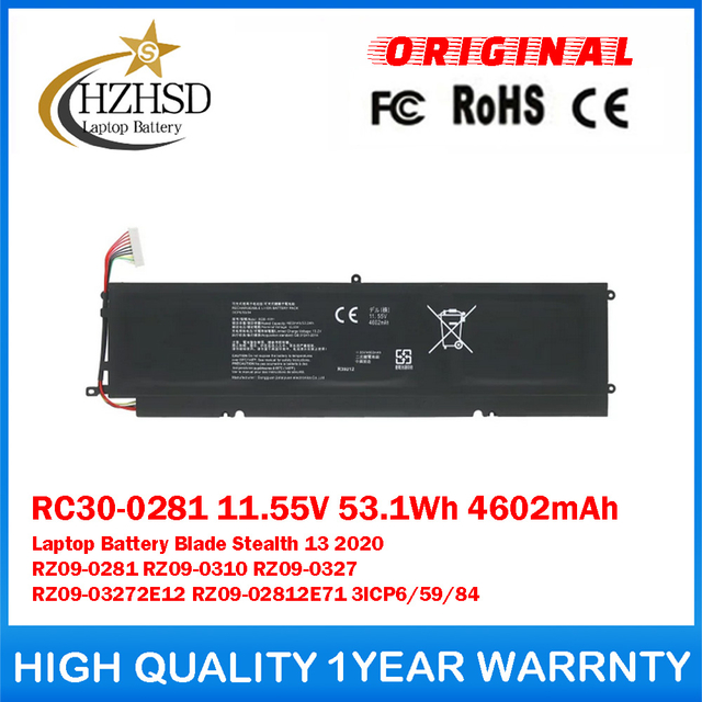 RC30-0281 11.55V 53.1Wh 4602mAh Genuine Original Laptop Battery For Razer Blade Stealth 13 2020 RZ09-0281 RZ09-0310 RZ09-0327 RZ09-03272E12 RZ09-02812E71 3ICP6/59/84