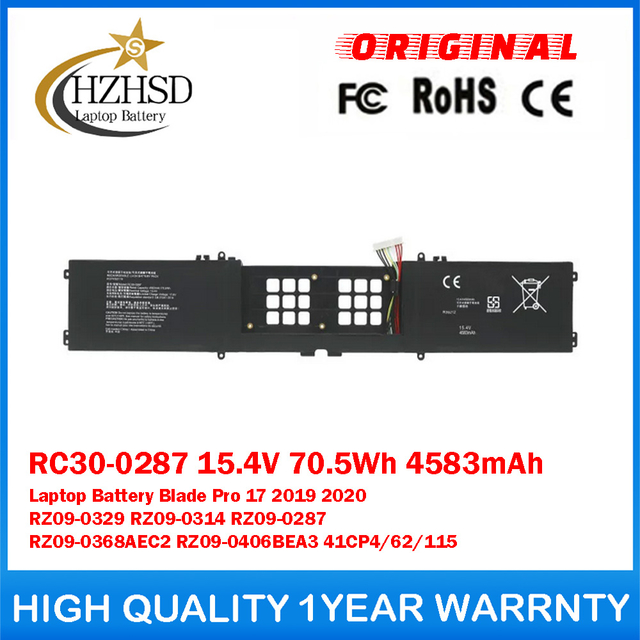 RC30-0287 15.4V 70.5Wh 4583mAh Genuine Original Laptop Battery For Razer Blade Pro 17 2019 2020 RZ09-0329 RZ09-0314 RZ09-0287 RZ09-0368AEC2 RZ09-0406BEA3 41CP4/62/115