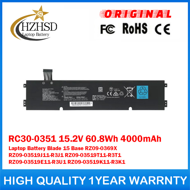 RC30-0351 15.2V 60.8Wh 4000mAh Genuine Original Laptop Battery For Razer Blade 15 Base RZ09-0369X RZ09-03519J11-R3J1 RZ09-03519T11-R3T1 RZ09-03519E11-R3U1 RZ09-03519K11-R3K1
