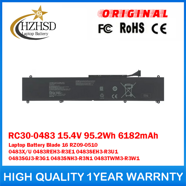 RC30-0483 15.4V 95.2Wh 6182mAh Genuine Original Laptop Battery For Razer Blade 16 RZ09-0510 0483X/U 0483REH3-R3E1 0483SEH3-R3U1 0483SGJ3-R3G1 0483SNH3-R3N1 0483TWM3-R3W1