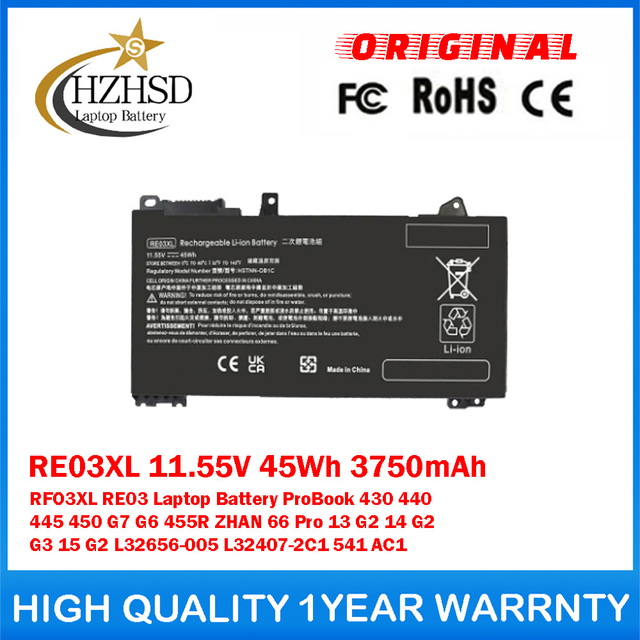 RE03XL 11.55V 45Wh 3750mAh RFO3XL RE03 Genuine Original Laptop Battery For HP ProBook 430 440 445 450 G7 G6 455R ZHAN 66 Pro 13 G2 14 G2 G3 15 G2 L32656-005 L32407-2C1 541 AC1