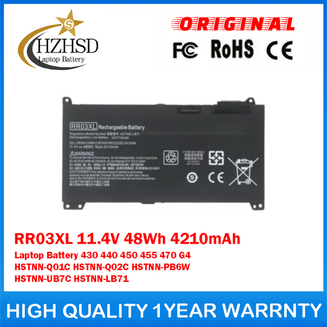 RR03XL 11.4V 48Wh 4210mAh Genuine Original Laptop battery For HP ProBook 430 440 450 455 470 G4 HSTNN-Q01C HSTNN-Q02C HSTNN-PB6W HSTNN-UB7C HSTNN-LB71