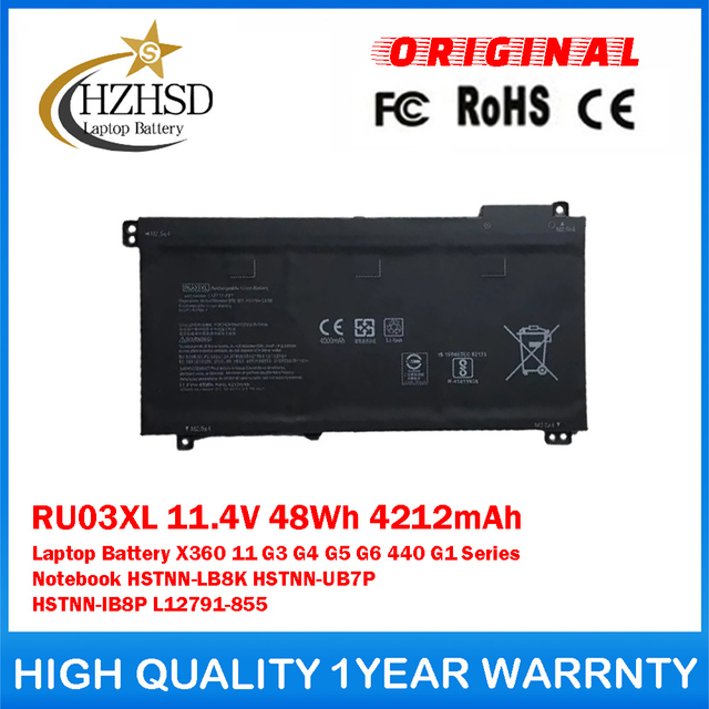 RU03XL 11.4V 48Wh 4212mAh Genuine Original Laptop Battery For HP ProBook X360 11 G3 G4 G5 G6 440 G1 Series Notebook HSTNN-LB8K HSTNN-UB7P HSTNN-IB8P L12791-855