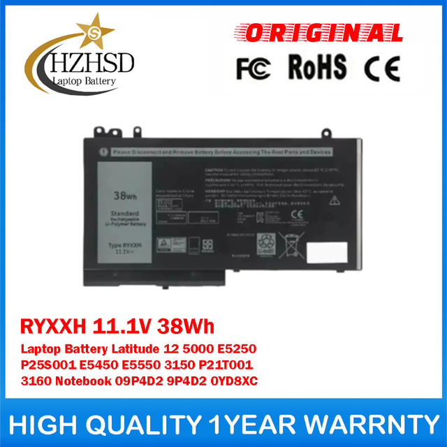 RYXXH 11.1V 38Wh Genuine Original Laptop Battery For Dell Latitude 12 5000 E5250 P25S001 E5450 E5550 3150 P21T001 3160 Notebook 09P4D2 9P4D2 0YD8XC