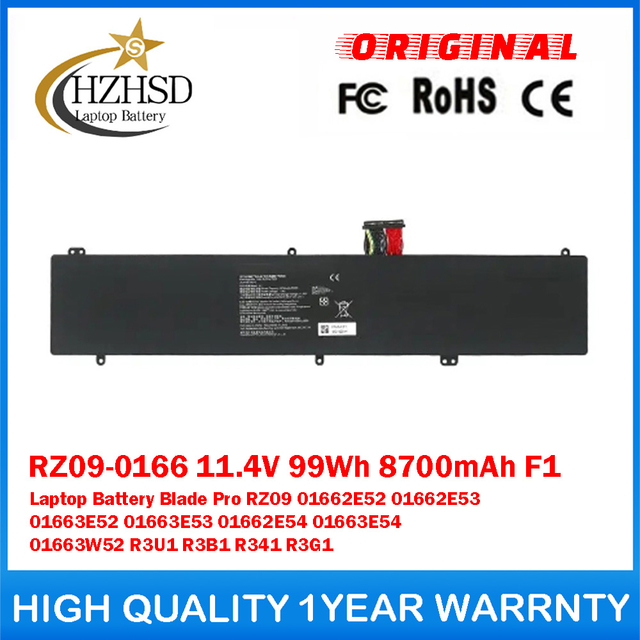 RZ09-0166 11.4V 99Wh 8700mAh F1 Genuine Original Laptop Battery For Razer Blade Pro RZ09 01662E52 01662E53 01663E52 01663E53 01662E54 01663E54 01663W52 R3U1 R3B1 R341 R3G1