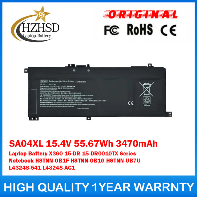 SA04XL 15.4V 55.67Wh 3470mAh Genuine Original Laptop Battery For HP Envy X360 15-DR 15-DR0010TX Series Notebook HSTNN-OB1F HSTNN-OB1G HSTNN-UB7U L43248-541 L43248-AC1