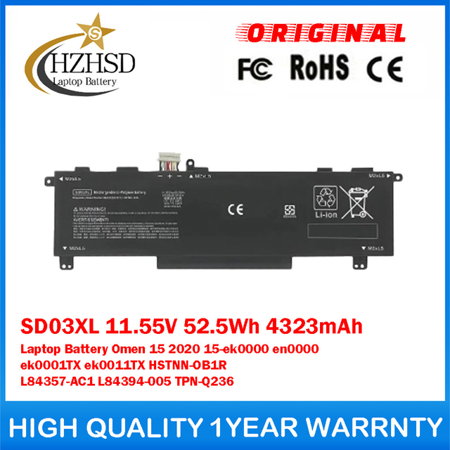 SD03XL 11.55V 52.5Wh 4323mAh Genuine Original Laptop Battery For HP Omen 15 2020 15-ek0000 en0000 ek0001TX ek0011TX HSTNN-OB1R L84357-AC1 L84394-005 TPN-Q236