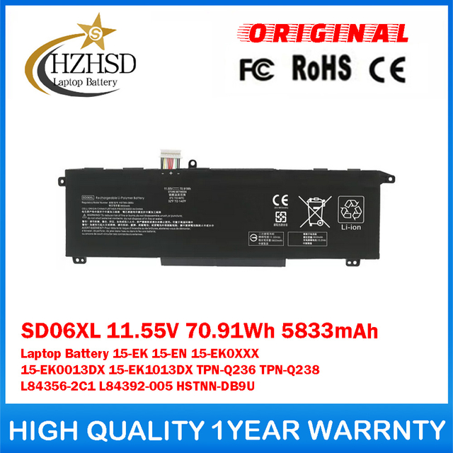 SD06XL 11.55V 70.91Wh 5833mAh Genuine Original Laptop Battery For HP Omen 15-EK 15-EN 15-EK0XXX 15-EK0013DX 15-EK1013DX TPN-Q236 TPN-Q238 L84356-2C1 L84392-005 HSTNN-DB9U