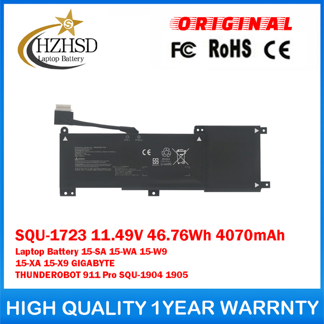 SQU-1723 11.49V 46.76Wh 4070mAh Genuine Original Laptop Battery For GIGABYTE AORUS 15-SA 15-WA 15-W9 15-XA 15-X9 GIGABYTE THUNDEROBOT 911 Pro SQU-1904 SQU-1905
