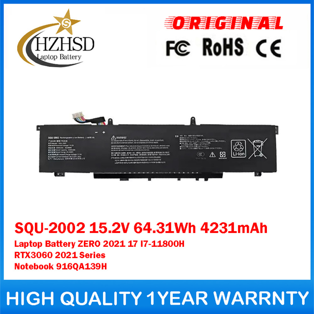 SQU-2002 15.2V 64.31Wh 4231mAh Genuine Original Laptop Battery For Thunderobot ZERO 2021 17 I7-11800H RTX3060 2021 Series Notebook 916QA139H