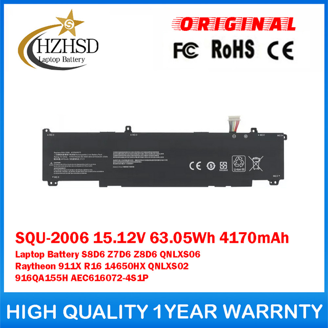 SQU-2006 15.12V 63.05Wh 4170mAh Genuine Original Laptop Battery For Hasee S8D6 Z7D6 Z8D6 QNLXS06 Raytheon 911X R16 14650HX QNLXS02 916QA155H AEC616072-4S1P