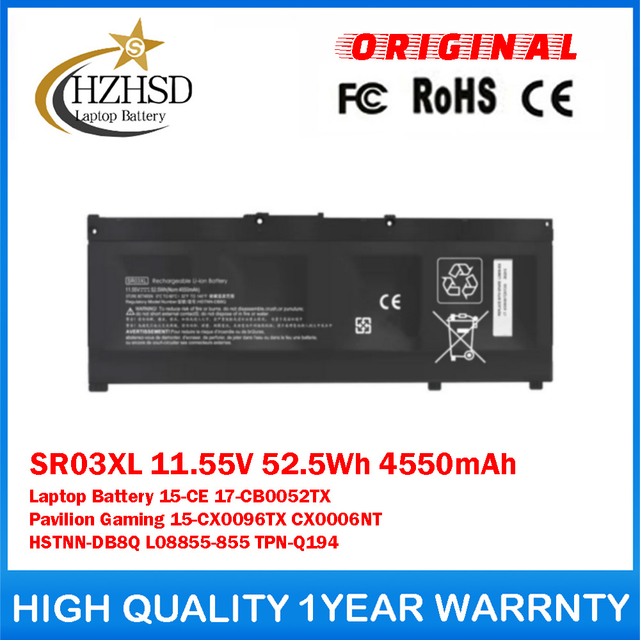 SR03XL 11.55V 52.5Wh 4550mAh Genuine Original Laptop Battery For HP Omen 15-CE 17-CB0052TX Pavilion Gaming 15-CX0096TX CX0006NT HSTNN-DB8Q L08855-855 TPN-Q194
