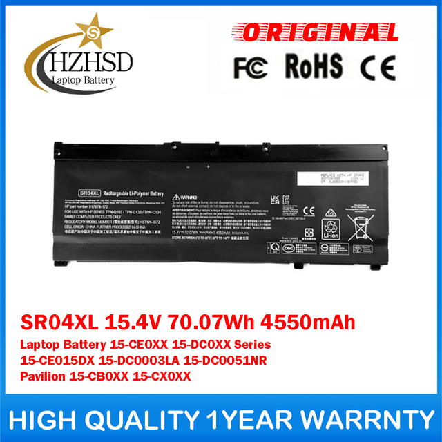 SR04XL 15.4V 70.07Wh 4550mAh Genuine Original Laptop Battery For HP Omen 15-CE0XX 15-DC0XX Series 15-CE015DX 15-DC0003LA 15-DC0051NR Pavilion 15-CB0XX 15-CX0XX