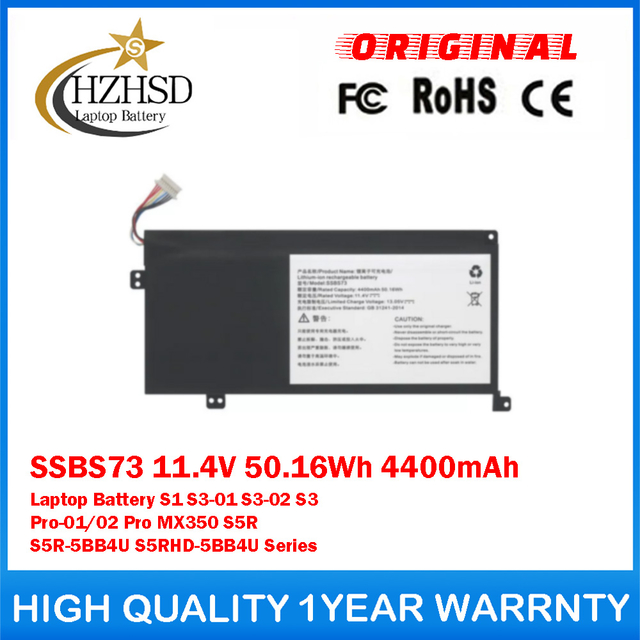 SSBS73 11.4V 50.16Wh 4400mAh Genuine Original Laptop Battery For MECHREVO S1 S3-01 S3-02 S3 Pro-01/02 Pro MX350 S5R S5R-5BB4U S5RHD-5BB4U Series