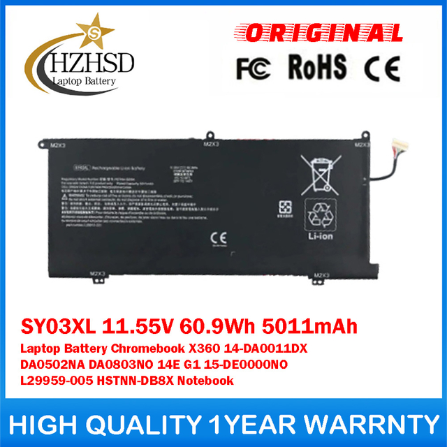 SY03XL 11.55V 60.9Wh 5011mAh Genuine Original Laptop Battery For HP Chromebook X360 14-DA0011DX DA0502NA DA0803NO 14E G1 15-DE0000NO L29959-005 HSTNN-DB8X Notebook