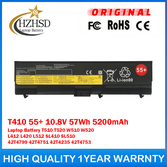 T410 55+ 10.8V 57Wh 5200mAh Genuine Original Laptop Battery For Lenovo T510 T520 W510 W520 L412 L420 L512 SL410 SL510 42T4799 42T4751 42T4235 42T4753