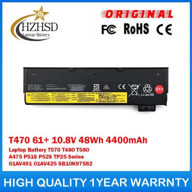 T470 61+ 10.8V 48Wh 4400mAh Genuine Original Laptop Battery For Lenovo T570 T480 T580 A475 P51S P52S TP25 Series 01AV491 01AV425 SB10K97582