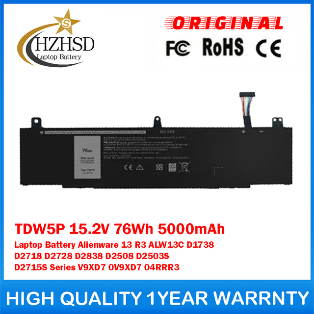 TDW5P 15.2V 76Wh 5000mAh Genuine Original Laptop Battery For Dell Alienware 13 R3 ALW13C D1738 D2718 D2728 D2838 D2508 D2503S D2715S Series V9XD7 0V9XD7 04RRR3