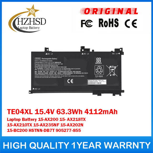 TE04XL 15.4V 63.3Wh 4112mAh Genuine Original Laptop Battery For HP OMEN 15-AX200 15- AX218TX 15-AX210TX 15-AX235NF 15-AX202N 15-BC200 HSTNN-DB7T 905277-855